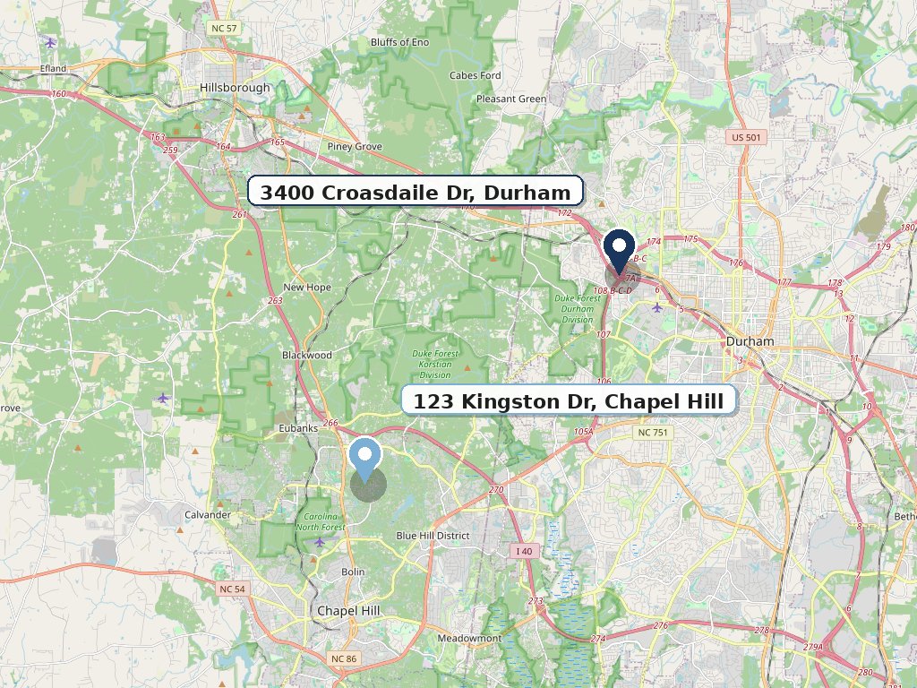 Map of Durham and Chapel Hill showing 3400 Croasdaile Drive in Durham and 123 Kingston Drive in Chapel Hill