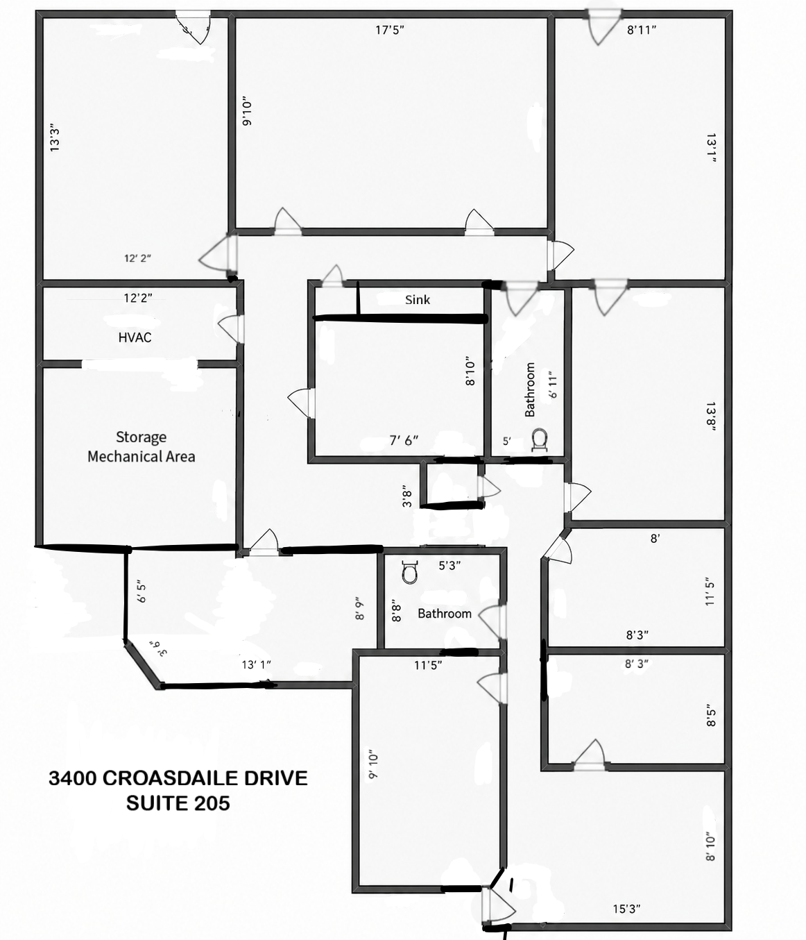 Floor plan for Suite 205 at 3400 Croasdaile Drive, showing multiple offices, two bathrooms, HVAC and storage areas