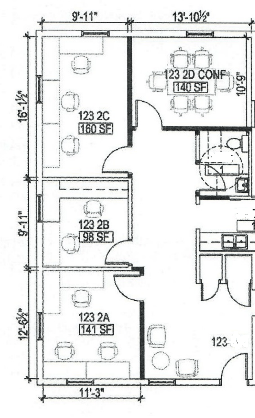 Floor plan for Suite 105A, showing half of the first floor with three offices and a conference room